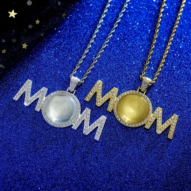 Personalized Mother Photo Pendant Necklace 18K Gold-Plated Zinc Alloy Synthetic Crystals Waterproof Glass Cover Gift for Women