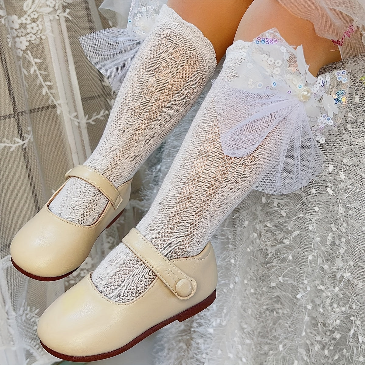Girls' Mesh Socks with Flower Sequin Pearl Bow Solid Color All-Season