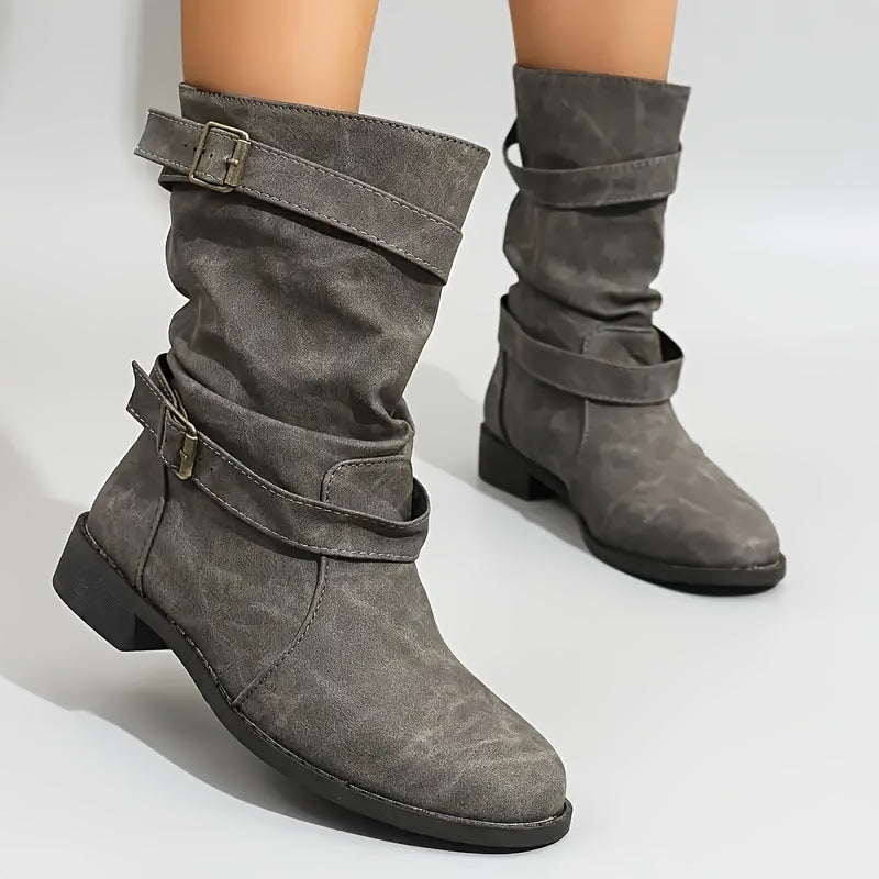 Women's Mid-Calf Boots Leather Laces Zippers Buckle Thick Heels Large Sizes