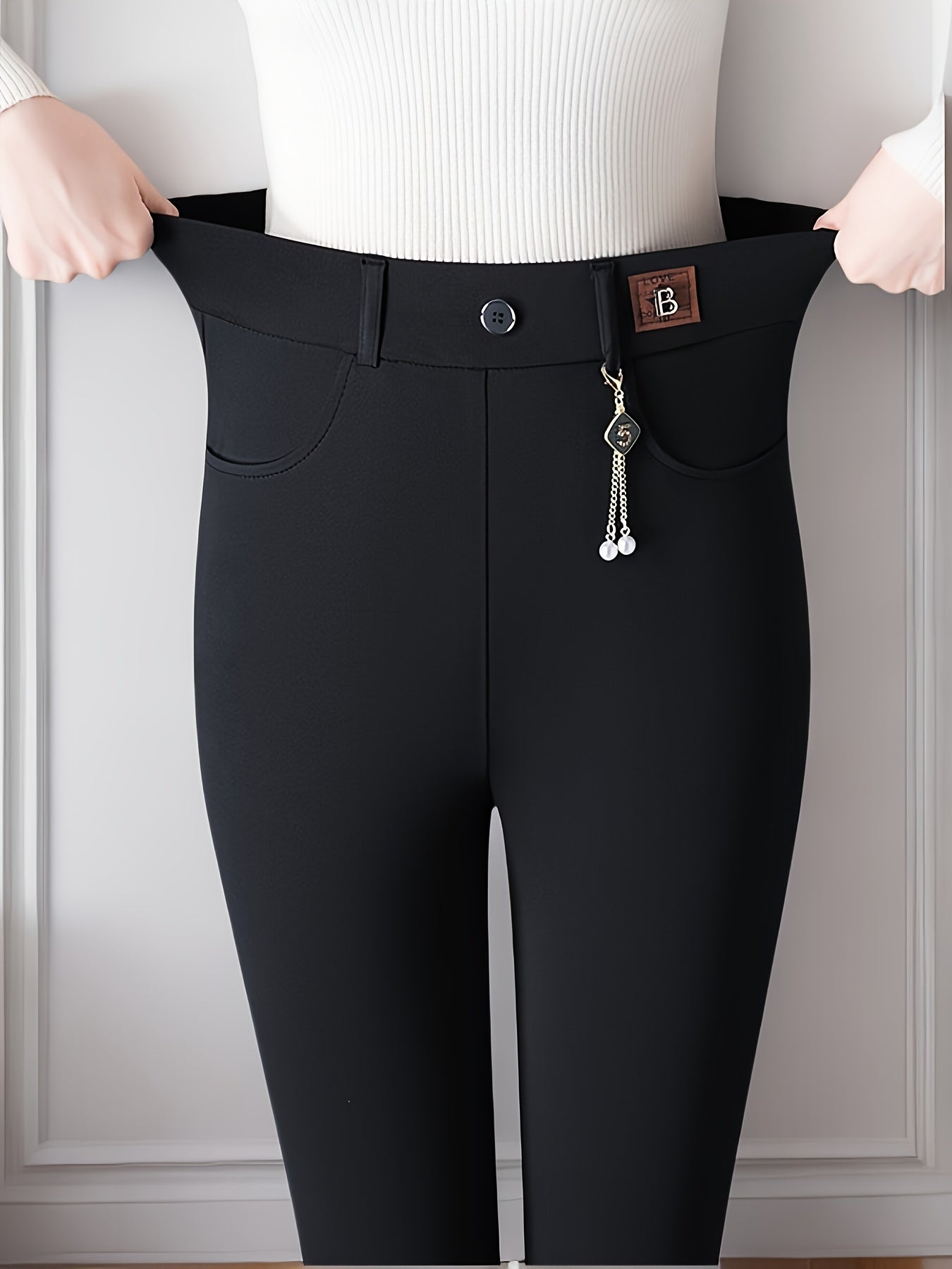 Women's Navy Blue High-Waist Leggings Slimming Stretch Fit Small Pockets