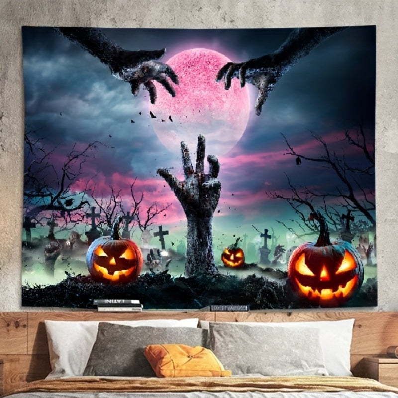 Qo'rqinchli Halloween Tapestry - Qabr qo'llari, o'yilgan qovoqlar va dahshatli sehrli fon bilan - Halloween uy bezaklari uchun mukammal