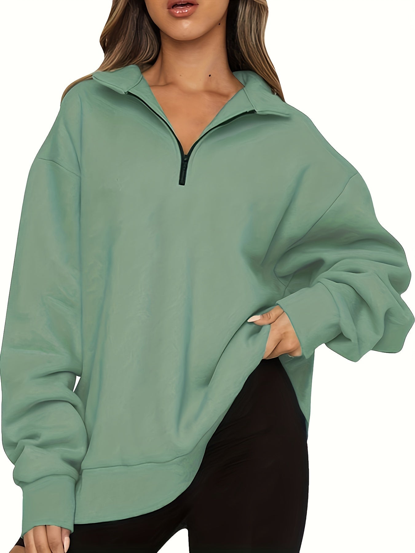 Women's Dark Green Half-Zip Sweatshirt with Elastic Cuffs and Comfortable Fit