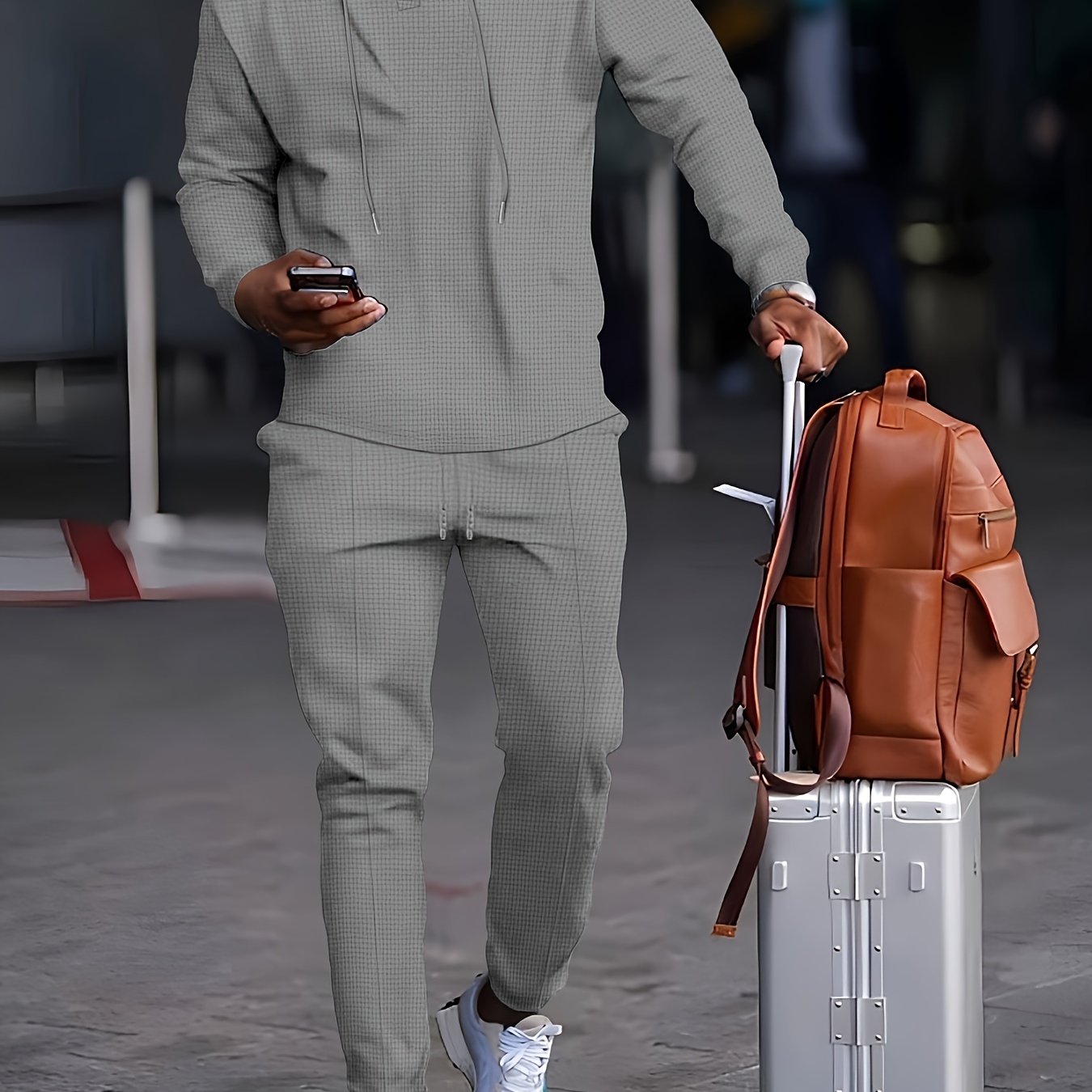 Men's Long Sleeve Hoodie and Pants Set Solid Waffle Knit Casual Autumn