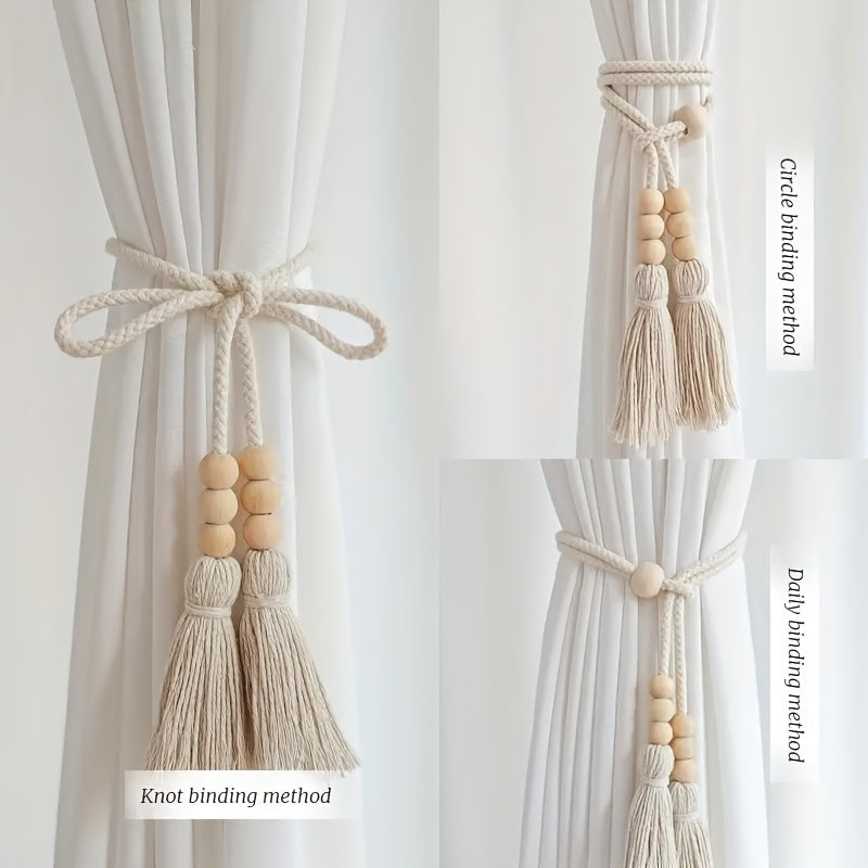 Set of 2 Bohemian Wooden Bead Curtain Tiebacks with Tassels for Living Room and Bedroom