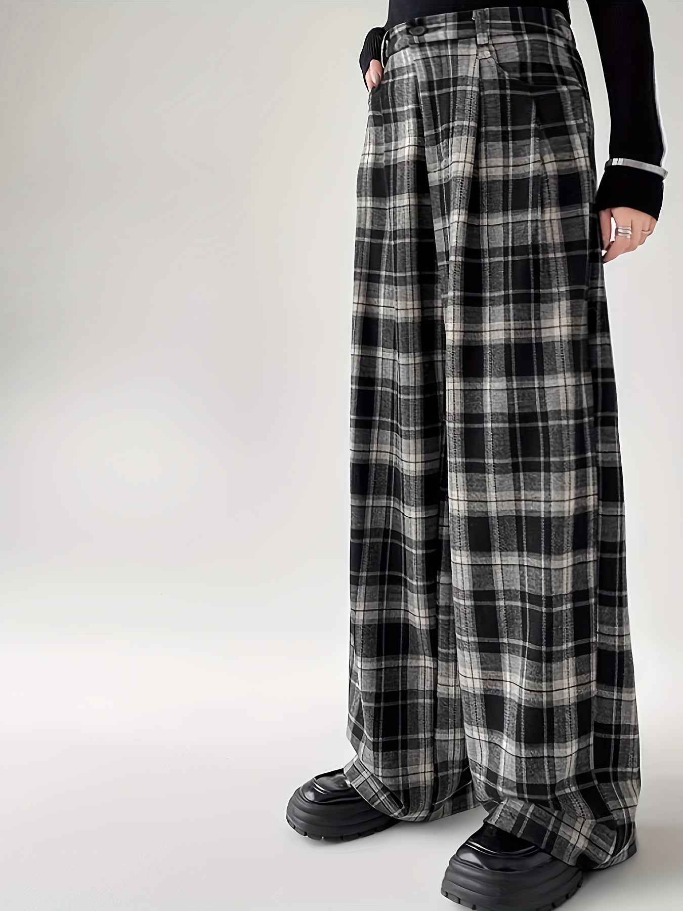 Plus Size Plaid Wide-Leg Pants for Women Casual High-Waist Button Detail