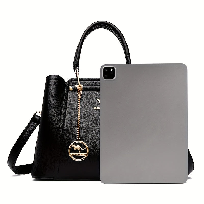 Women's Black Faux Leather Handbag with Detachable Shoulder Strap and Anti-Theft Design