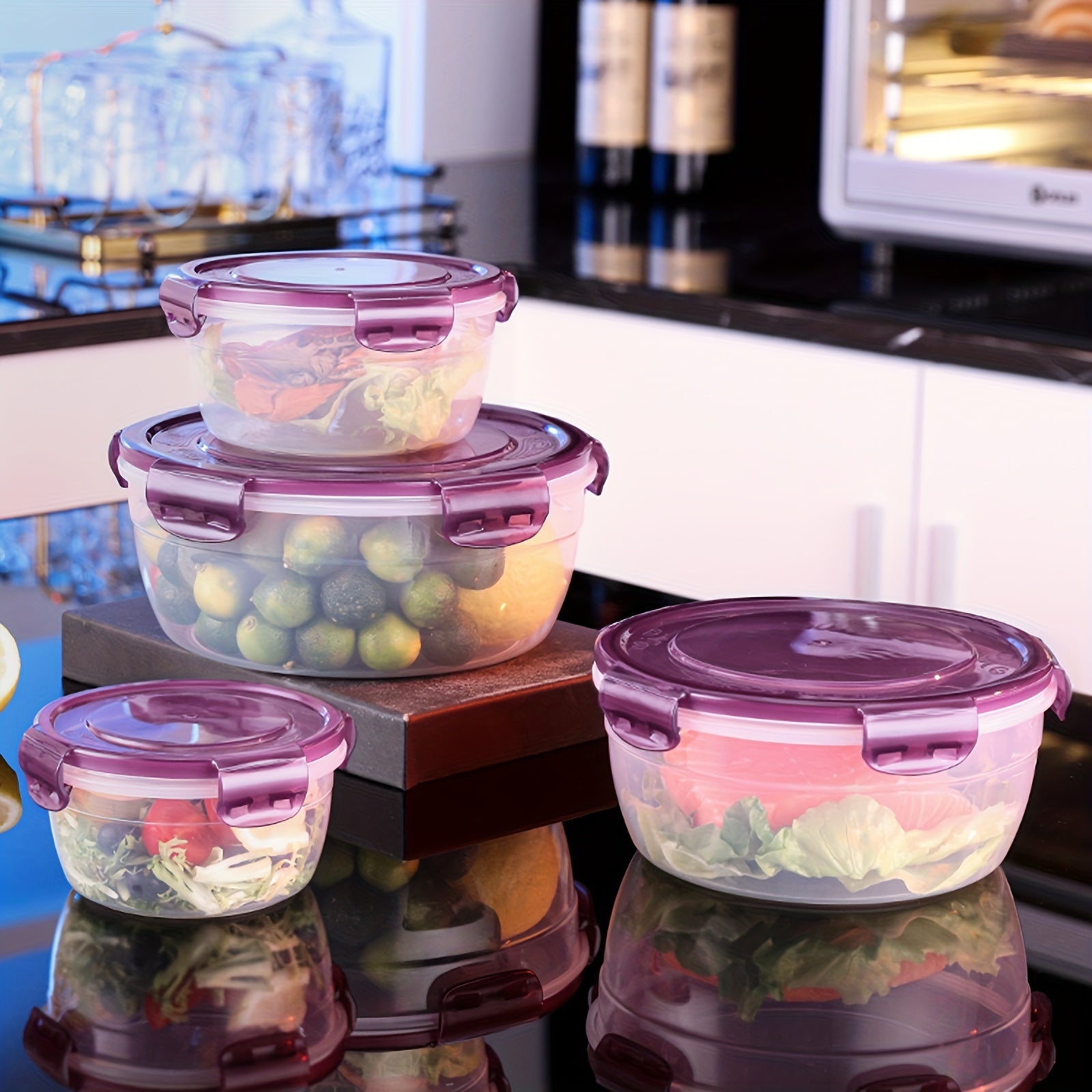 4 ta saqlash qutisi to'plami, zamonaviy dumaloq uslubda yangi oziq-ovqat saqlash uchun, muzlatgich va mikroto'lqinli pechda foydalanish uchun qulay va ko'chma idishlar, pikniklar, lagerda, maktabga qaytish uchun ajoyib.