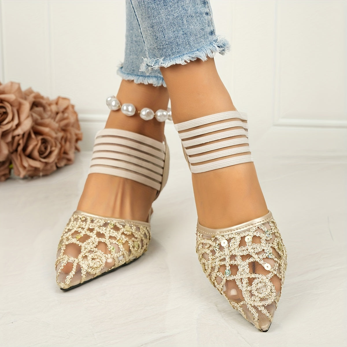Women Lace-Up Pointed Toe High Heels with Sequin Embellishments
