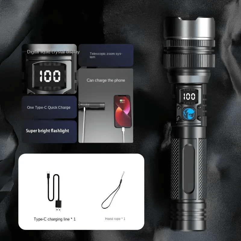 Rechargeable LED Flashlight with Digital Display, Compact Durable for Outdoor Use