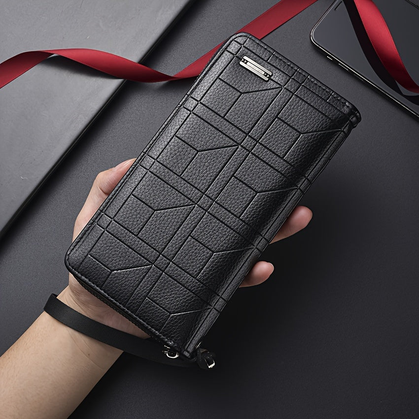 Erkaklar uchun qora sun'iy charm hamyon, katta sig'imli, ko'p kartalar uchun joy va zamonaviy harf dizayni bilan.