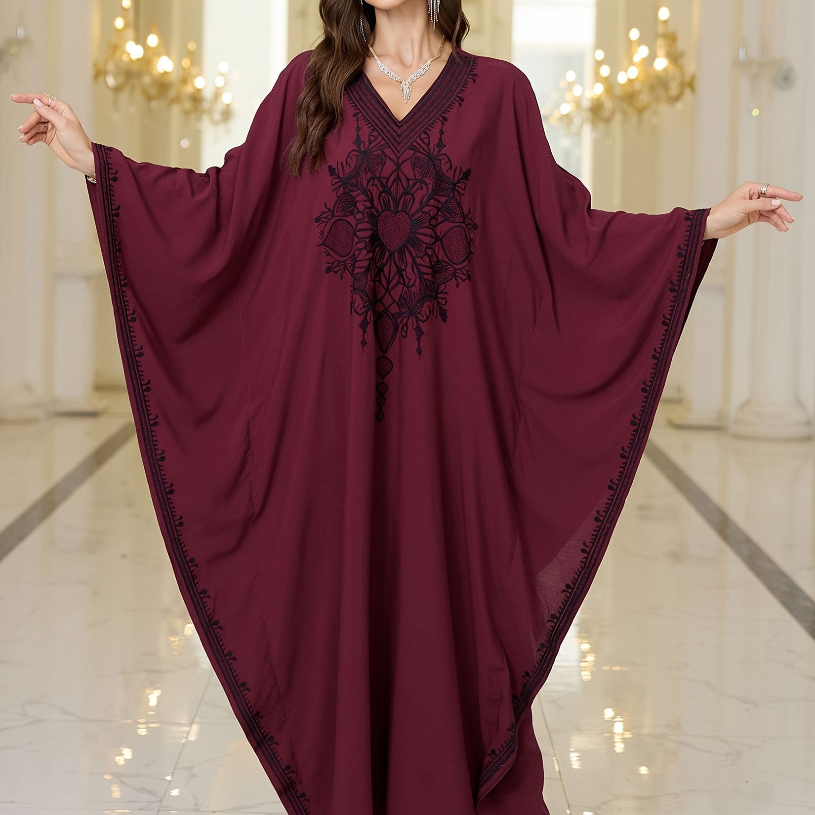 Plus Size Viscose Kaftan Dress V-Neck Embroidered Long Sleeve Beachwear