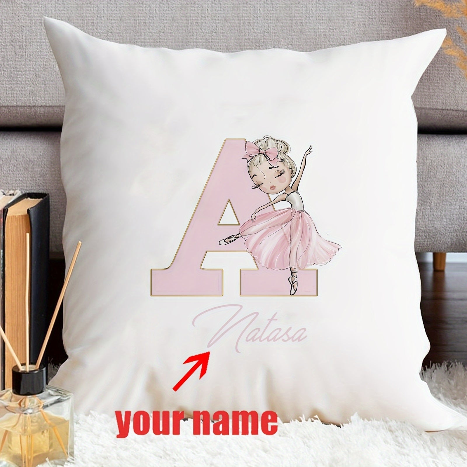 Shaxsiylashtirilgan samoviy yostiq qopqog'i, balet qiz dizayni bilan, pushti harflar, divan uchun dekor, bitta tomonli bosma