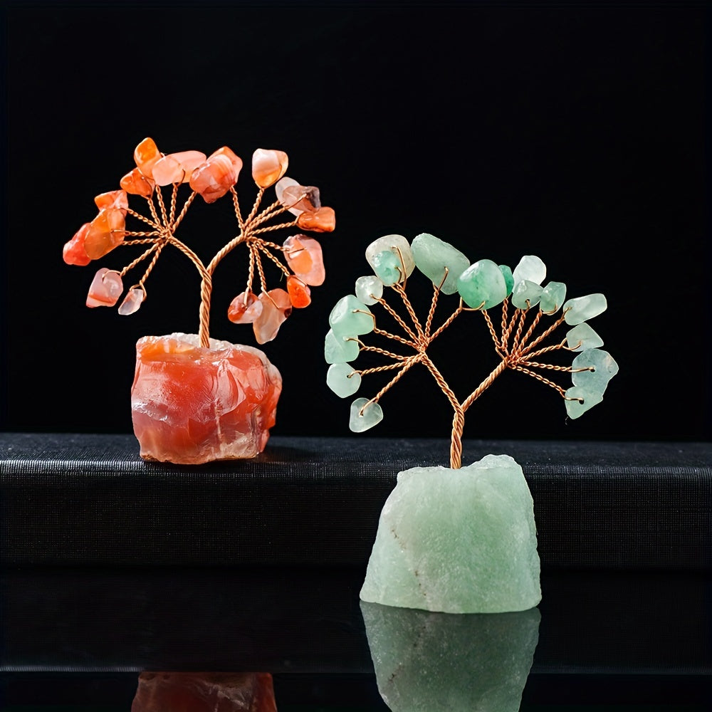 Small Natural Gemstone Crystal Lucky Tree on Raw Stone Base for Home Decor