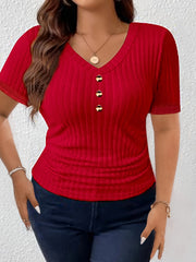 Women's Short Sleeve V-Neck T-Shirt with Gold Button Front Solid Color