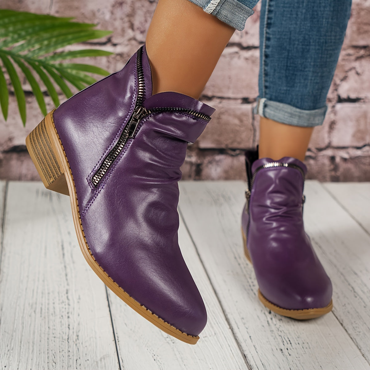 Women's Purple Ankle Boots with Side Zippers Chunky Heel All Seasons