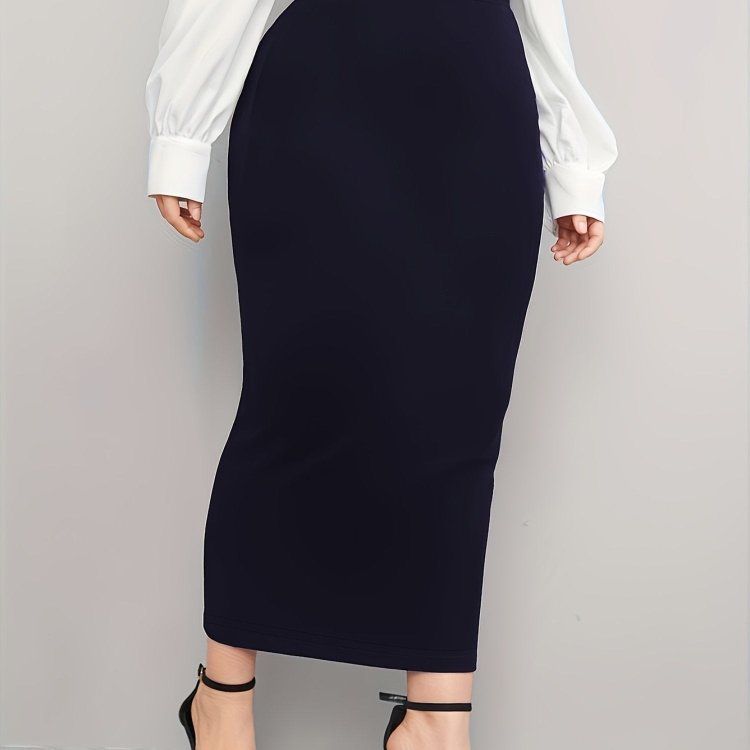 Plus Size Midi Pencil Skirt Polyester Knit Solid Color Straight Cut
