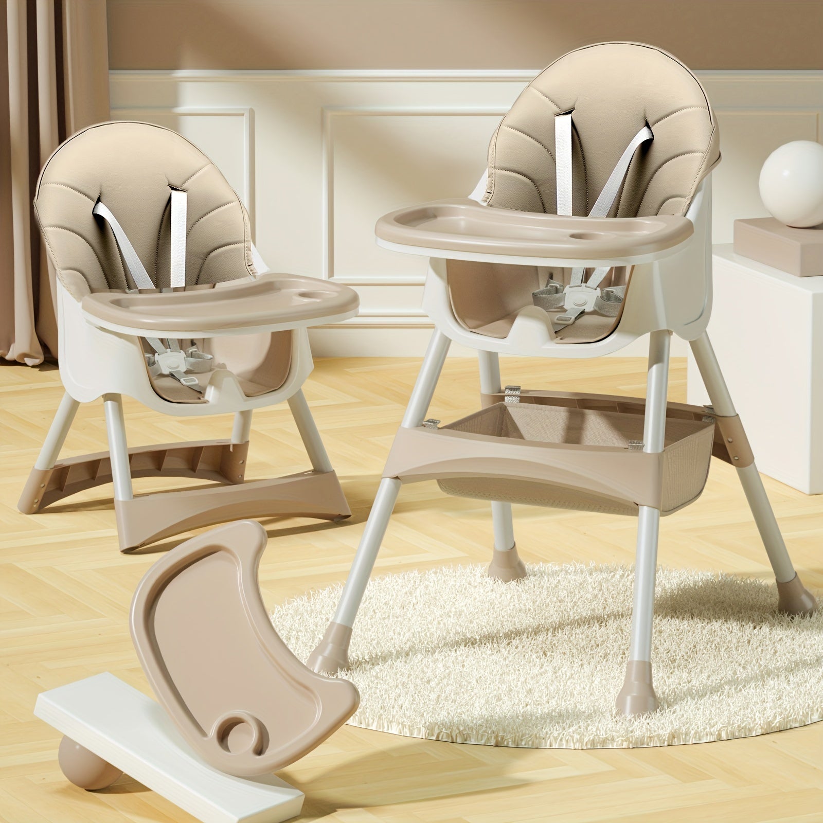 3-in-1 Convertible Baby High Chair with PU Leather Booster Seat and Safety Harness
