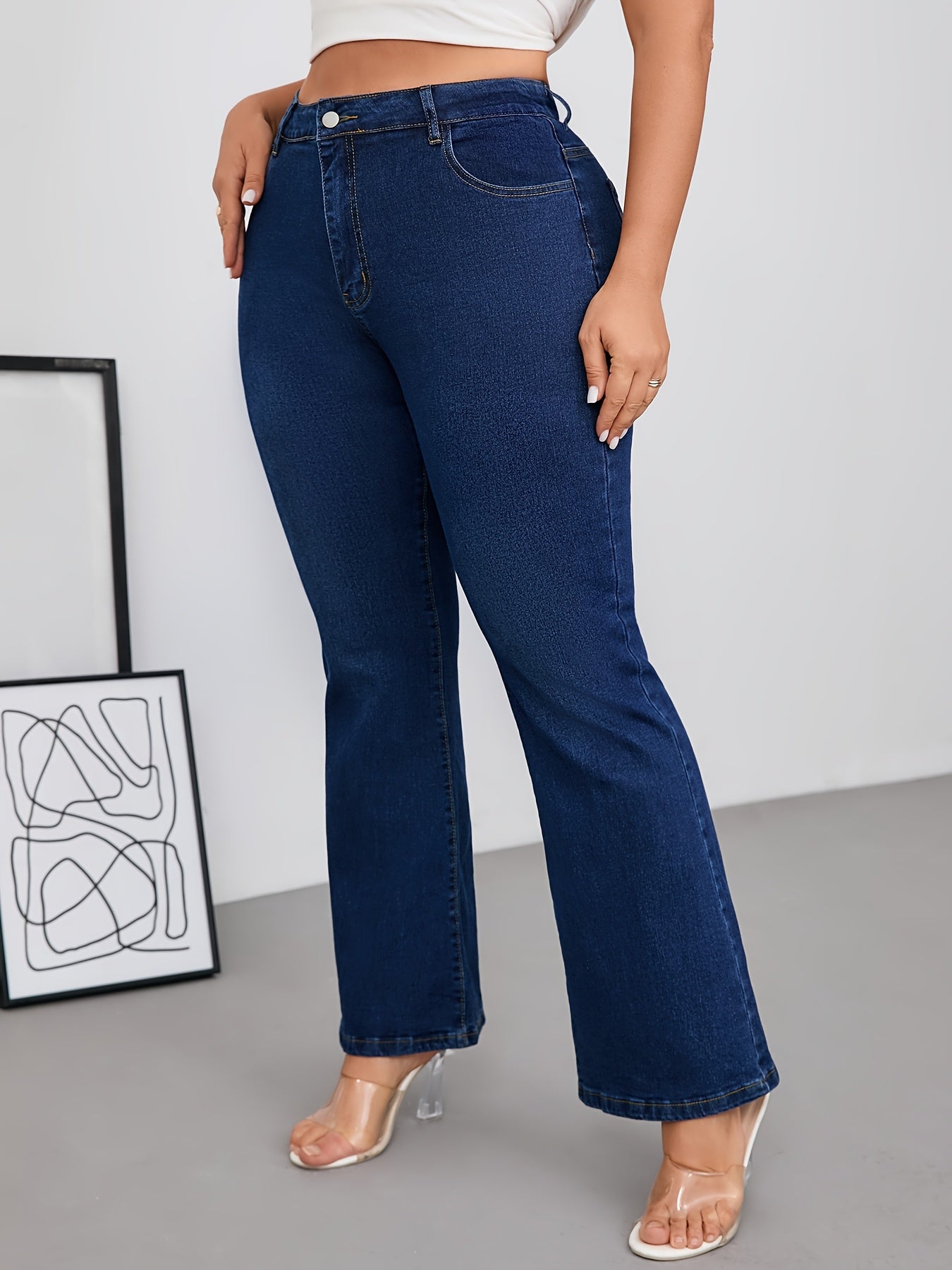Plus Size Women's Blue Stretch Flare Jeans with Button Fly and Pockets