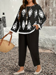 Kuchli geometrik bosma bilan kundalik kiyimlar to'plami, uzun qo'lqopli ko'ylak va shimlar, kuz uchun