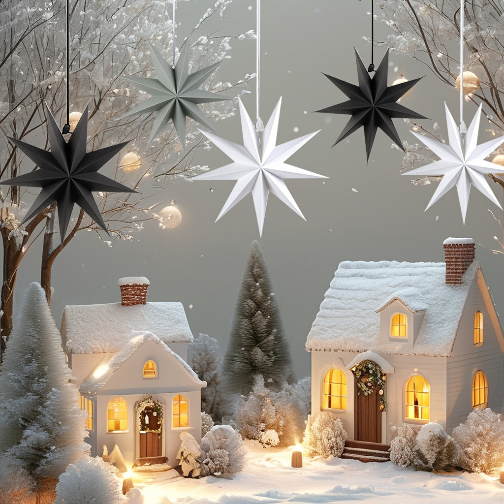 Set de 3 faroles de papel 3D en forma de estrella, decoraciones navideñas para interior, 30.48cm, negro, gris, blanco