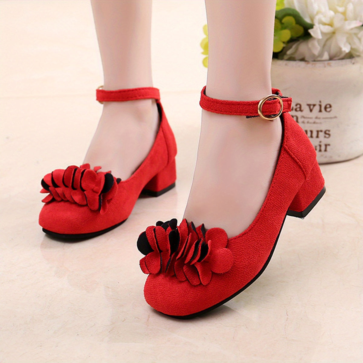 Girls Princess Heels with Flowers Tassel Block Heel PU Upper Rubber Sole for Spring Fall Age 14 and Under