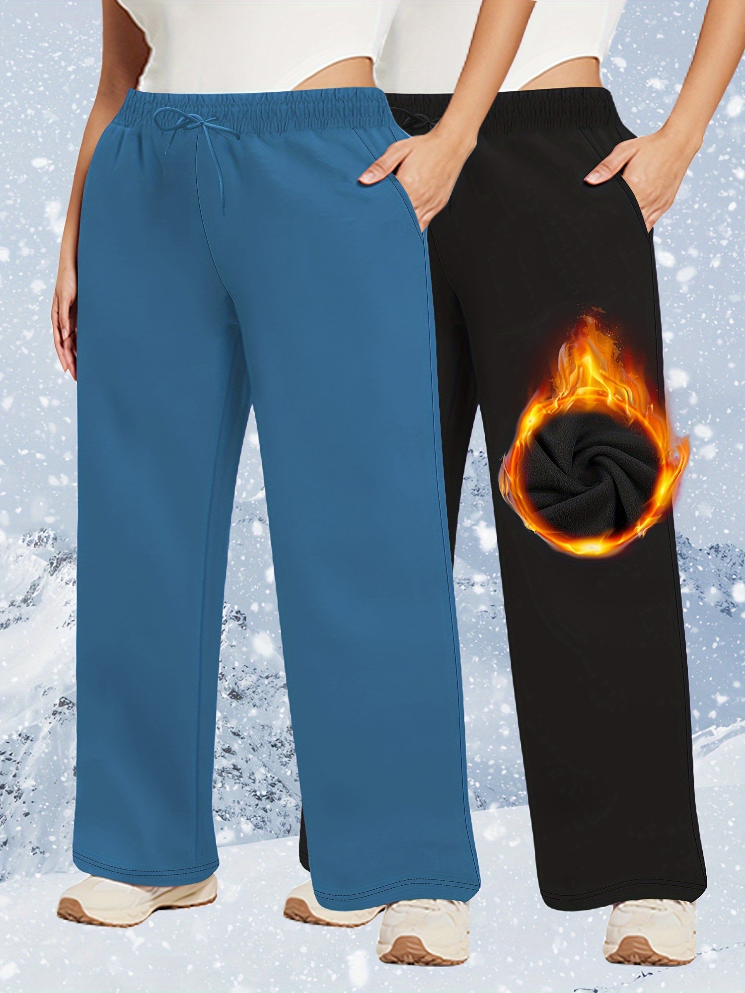 Plus Size Fleece-Lined Sweatpants for Women Solid Color Warm Activewear