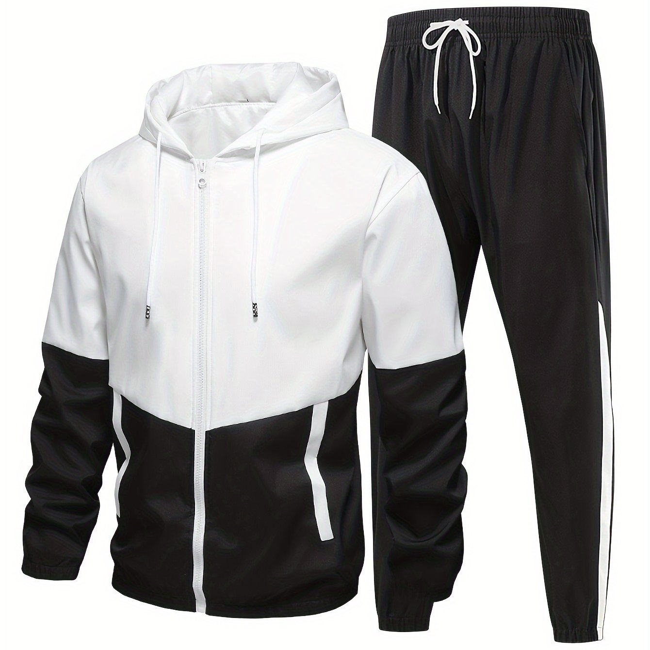 Men's Polyester Tracksuit Set Hooded Jacket and Long Pants Solid Color All Seasons