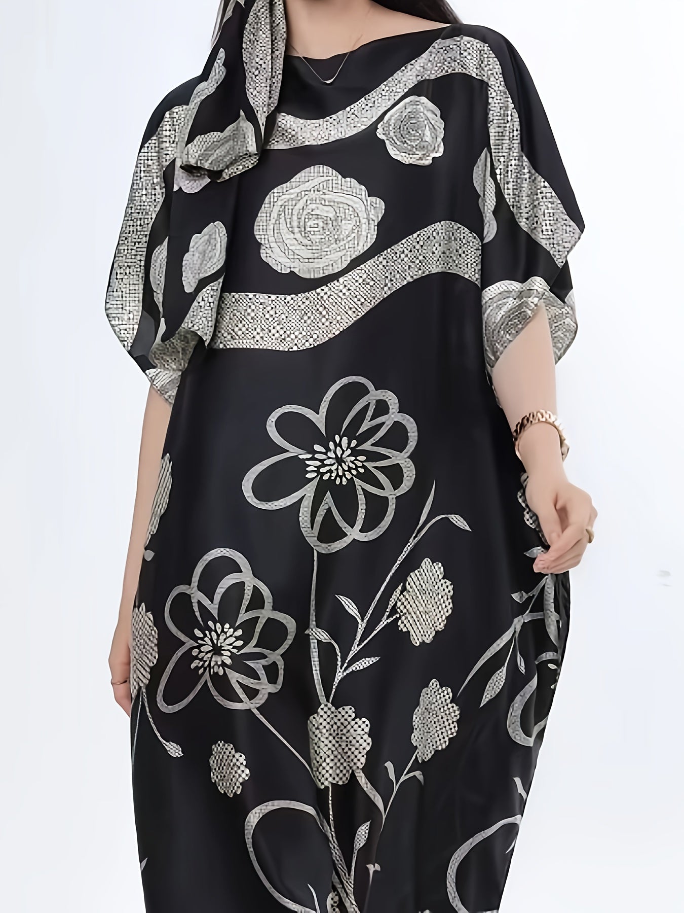 Vestido largo geométrico floral en negro y blanco para mujer, ajuste suelto, manga corta, para la playa