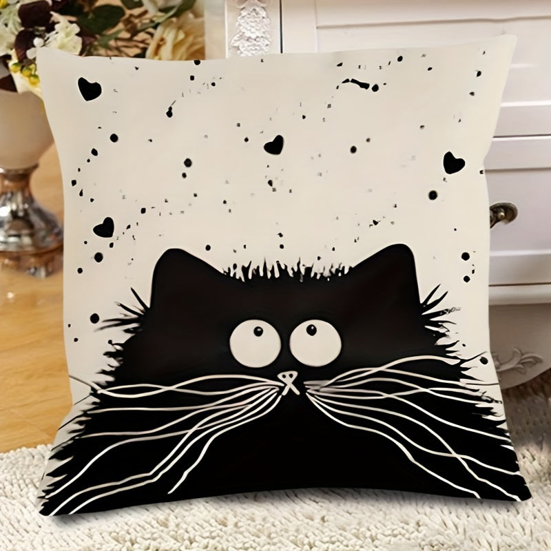 Soft Cotton Cushion Cover with Whimsical Cat Design, Zipper Closure, Easy Care