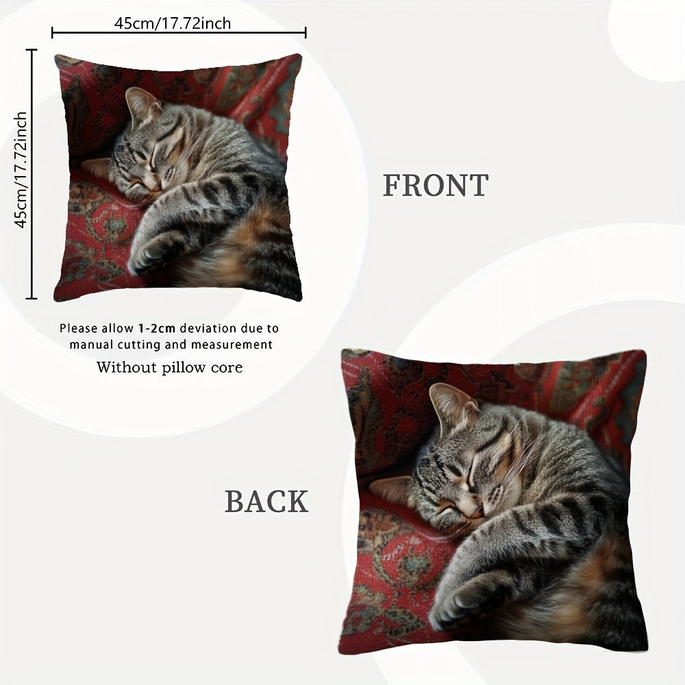 Gray Polyester Pillow Cover with Cat Design Zipper Closure Double-Sided Pattern for Holiday Decor