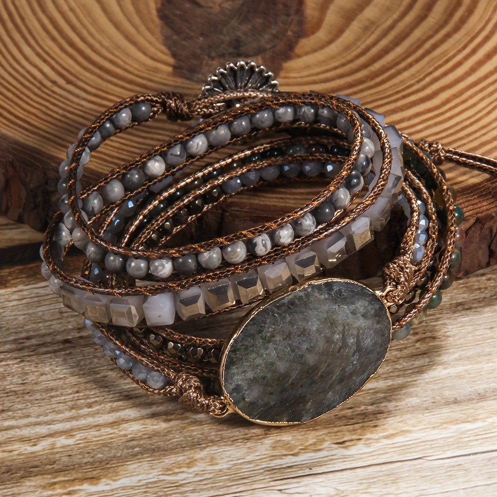 Moslashuvchan Bohem uslubidagi ta'til bilaguti, tabiiy tosh, shisha, hematit tanelari bilan, 5 satrli, apelsin yurak, kul rangli ulanish