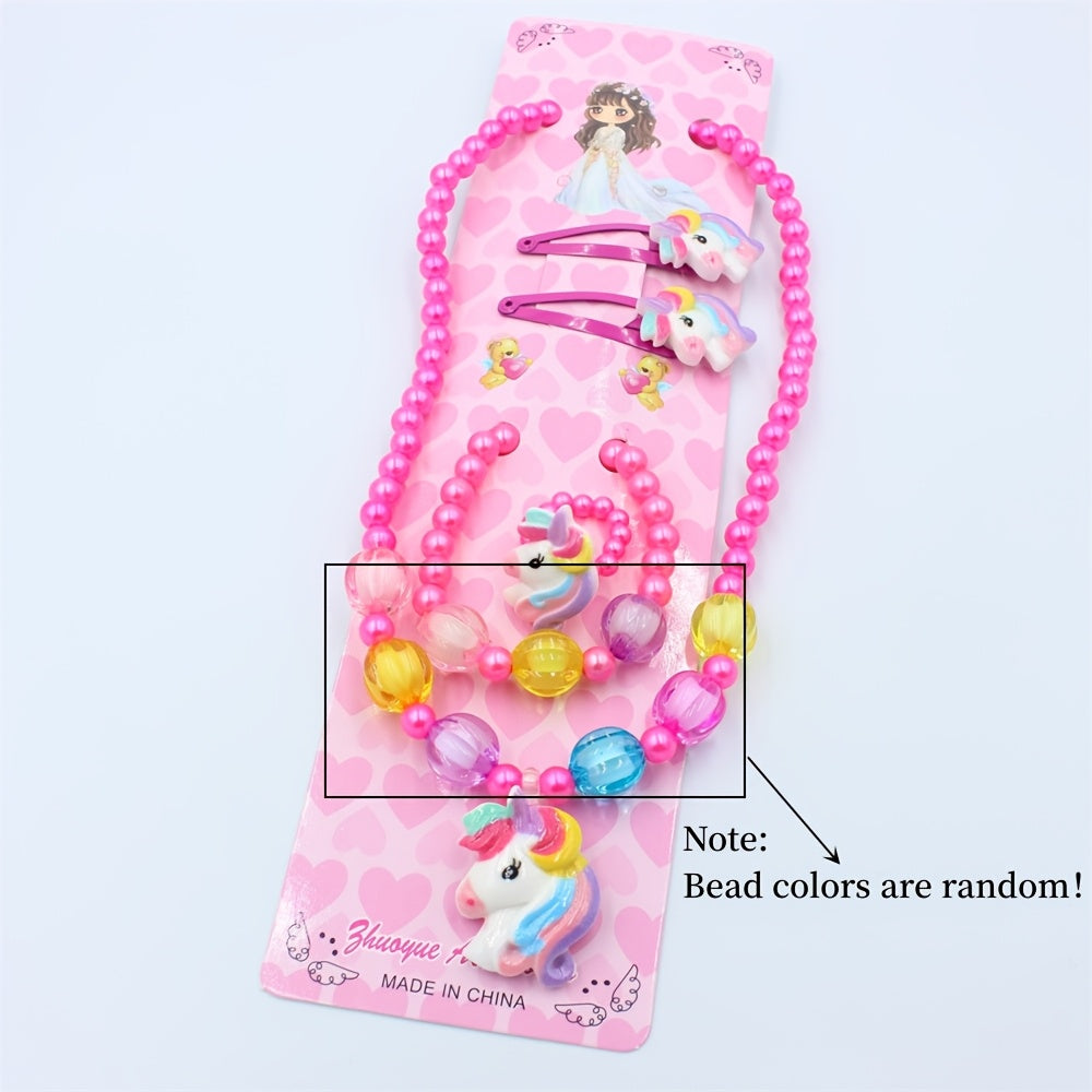 Unicorn Beaded Jewelry Kit for Kids Animal-Themed Necklace Bracelet Ring Hair Clips