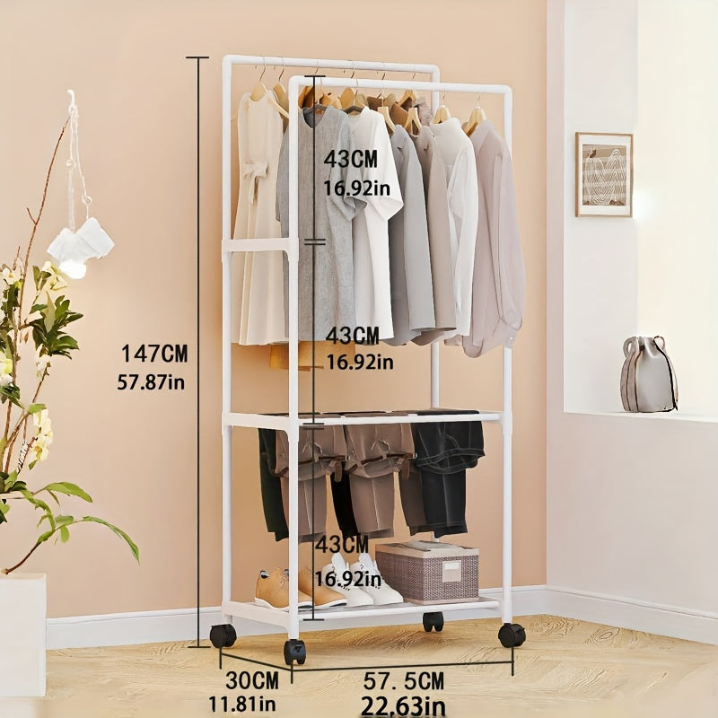 Perchero independiente con ruedas y estantes, altura de 147.98cm, organizador de ropa expandible