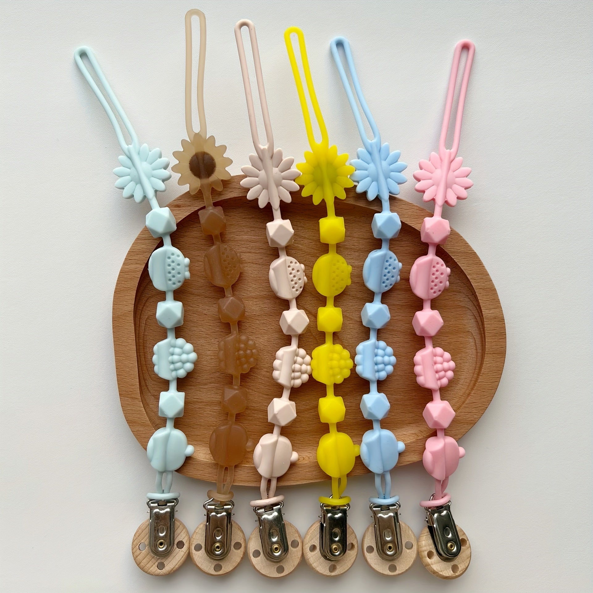 Silicone Teething Toy for Babies 0-3 Years Floral Fruit Clip Food-Grade Biteable Chain Pink Blue Yellow Brown