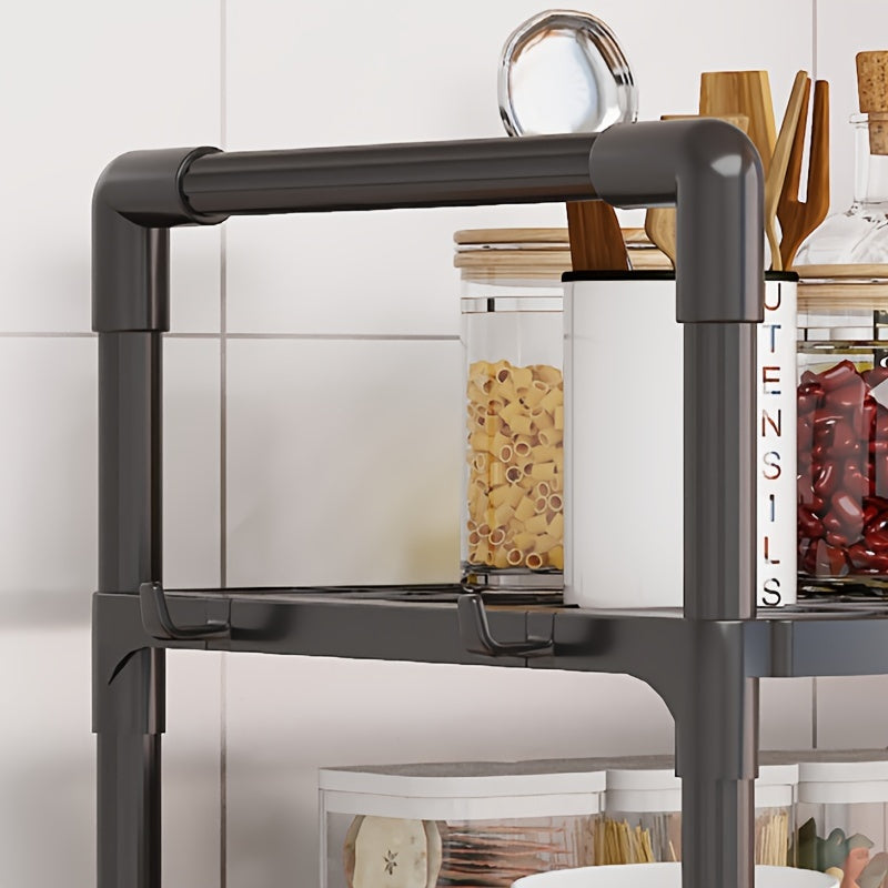 Estante de plástico de doble capa para microondas con asa y ganchos, organizador de cocina expandible