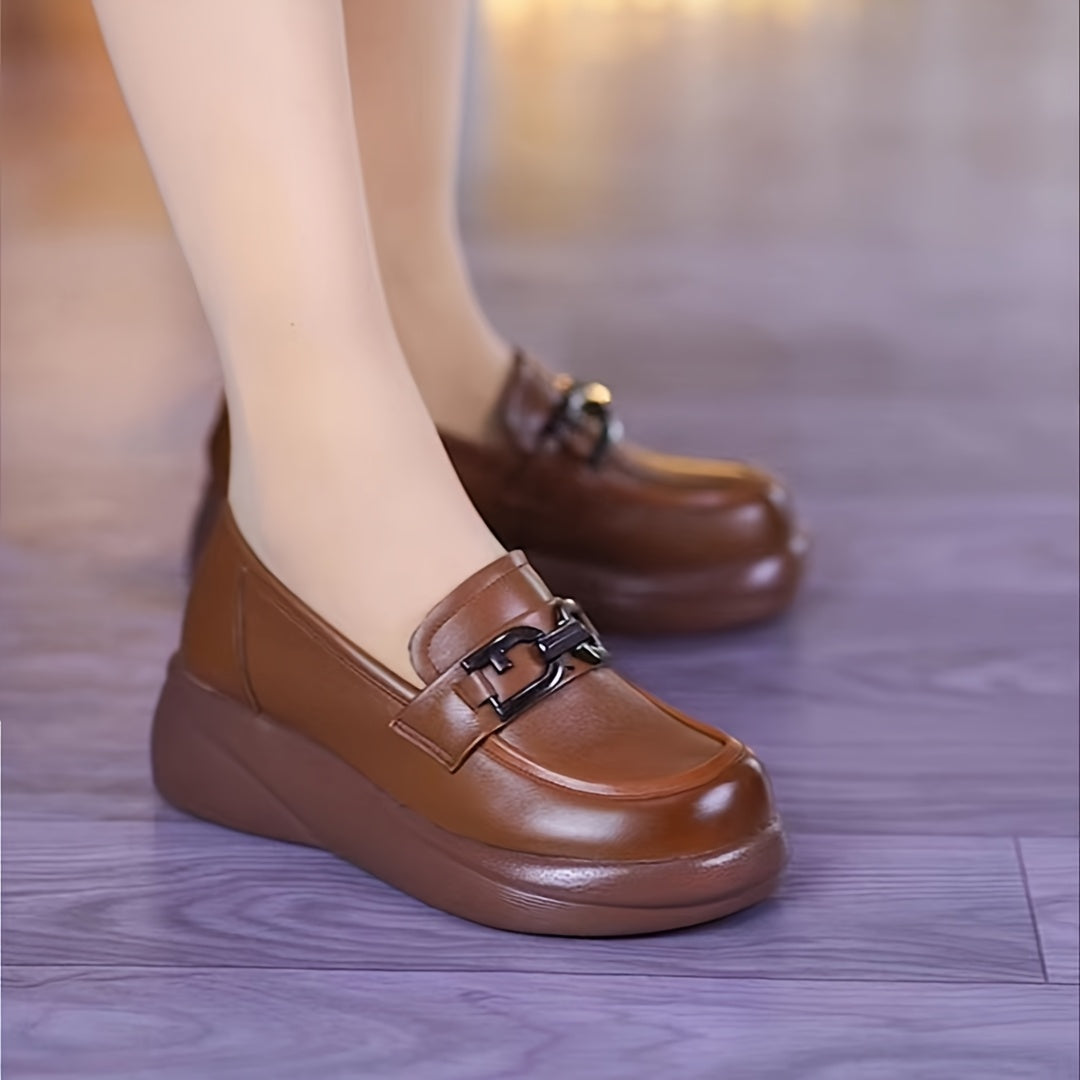Women's Brown PU Loafers with Metallic Buckle Slip-Resistant Cushioned Sole