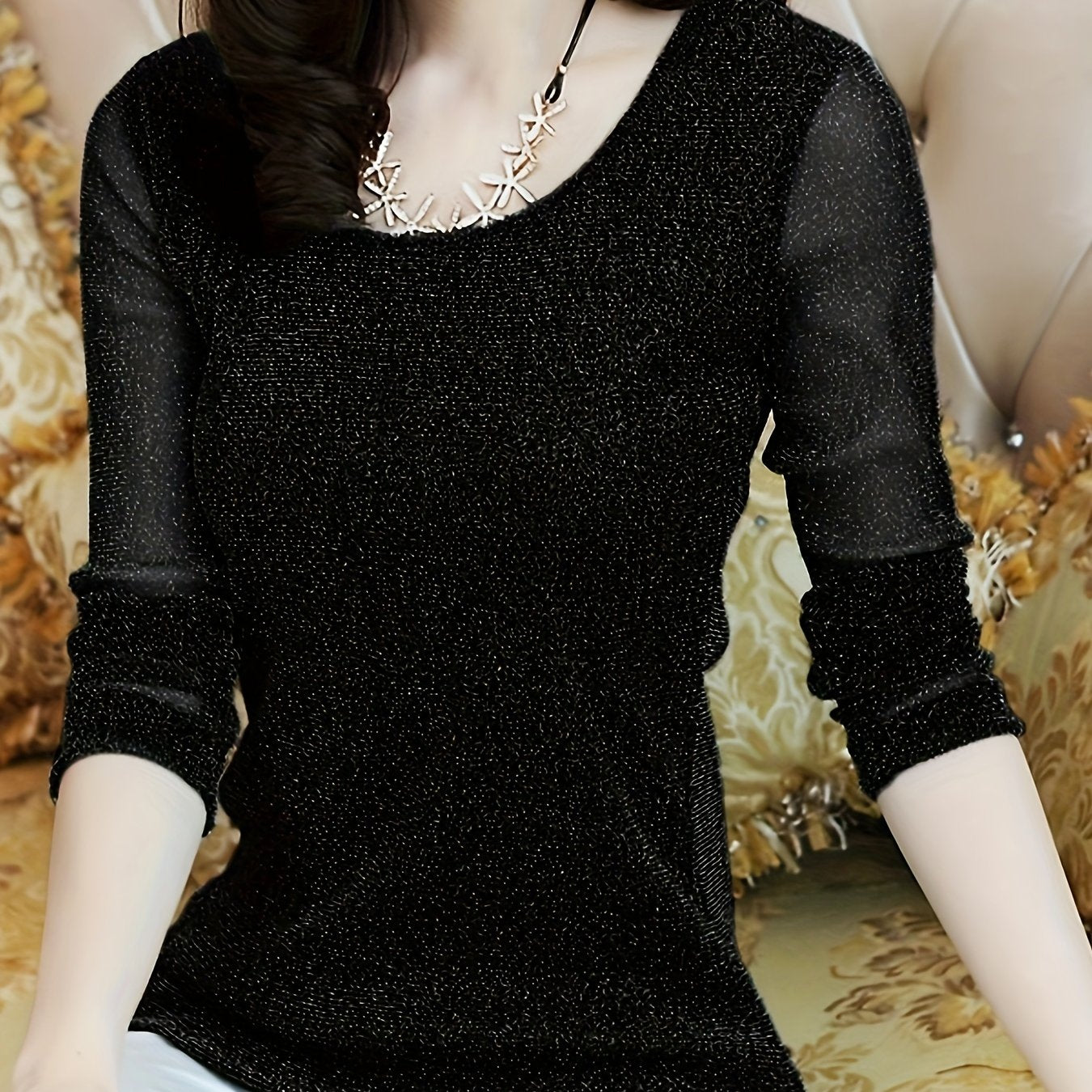 Women's Semi-Sheer Crew Neck Long Sleeve T-Shirt for Spring and Fall