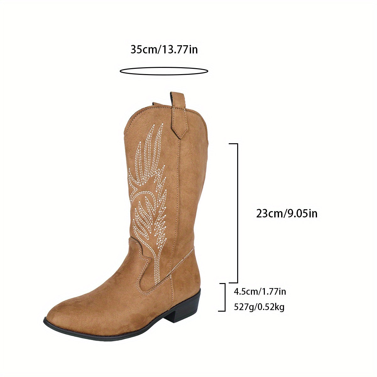 Women's Leather Slip-On Cowboy Boots with Floral Embossed Design Brown