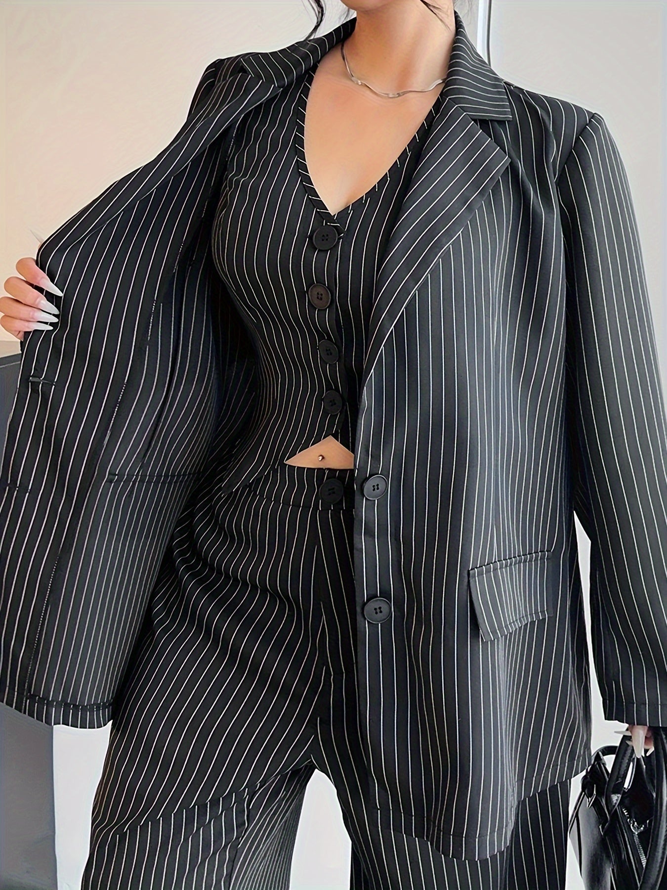 Women's Striped Woven Polyester Suit Set with Long Sleeve Jacket V-Neck Vest and Trousers