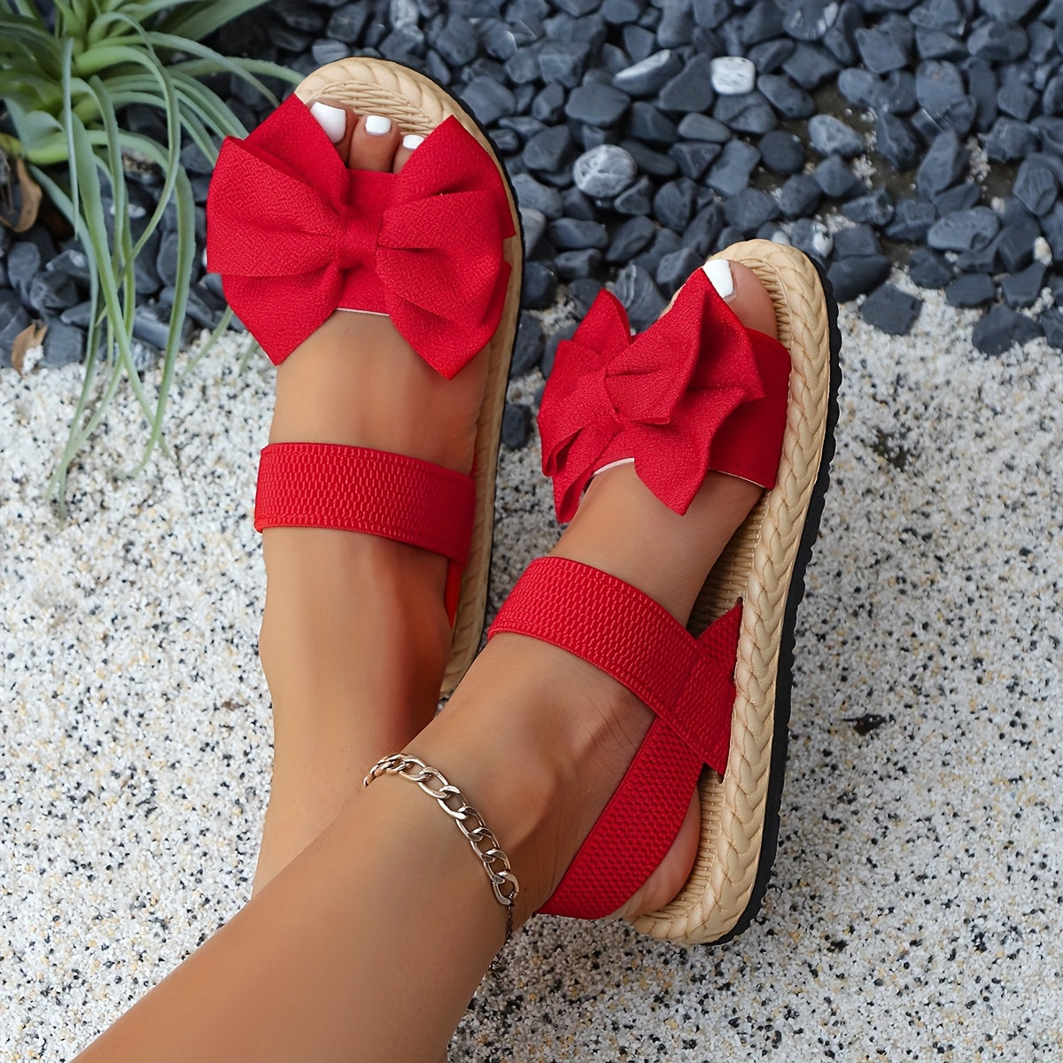 Women Flat Sandals Bow Elegant Bohemian Wedding Party Shoes