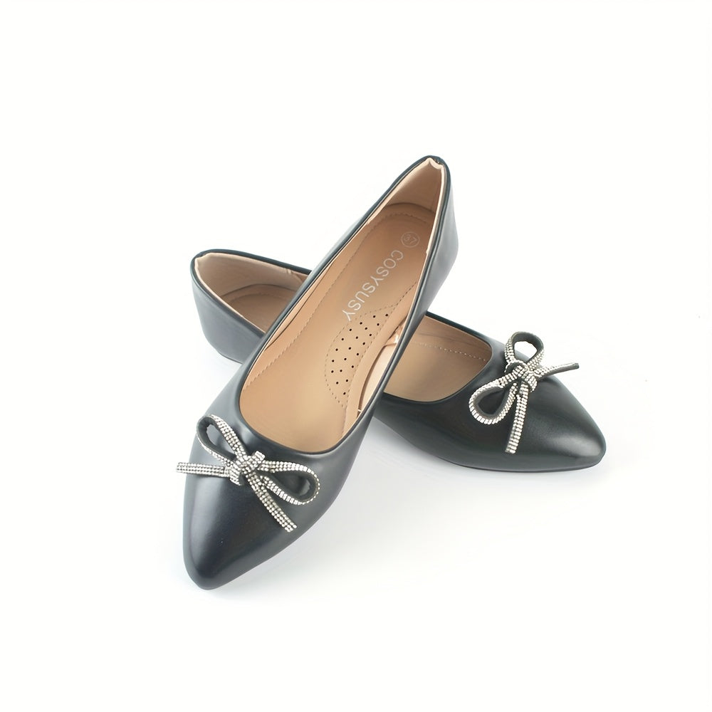 Women's Pointed Toe Slip-On Flats with Bow Casual Work Shoes Black White