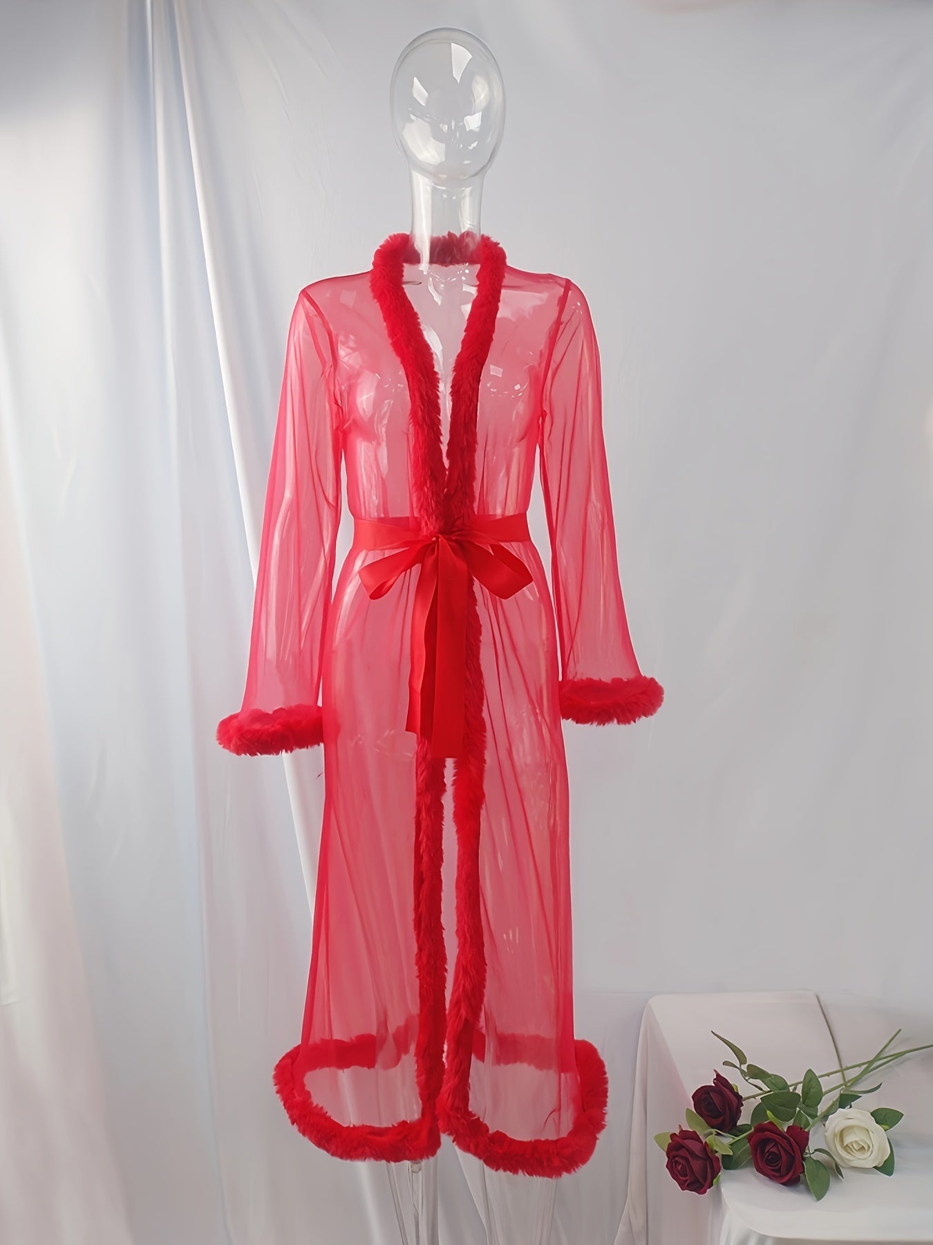 Women's Sheer Mesh Lace-Up Lingerie Robe for Mature Sleepwear in Autumn Winter