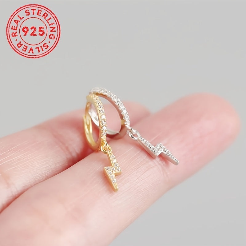 Sterling Silver Punk Earrings with Lightning Bolt Zirconia Pendants for Daily Wear