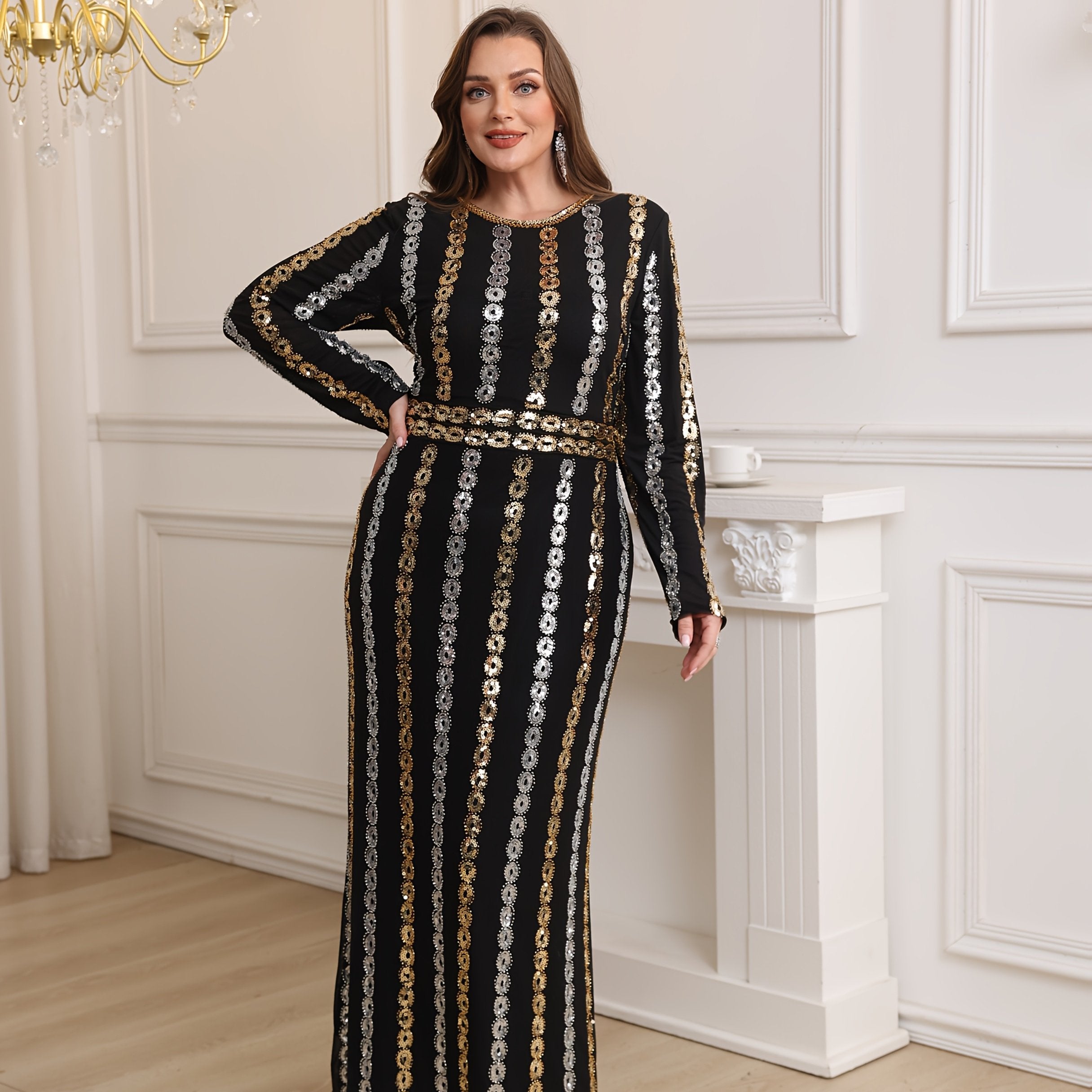 Women's Long Sleeve Sequin Evening Gown for Parties with Round Neckline