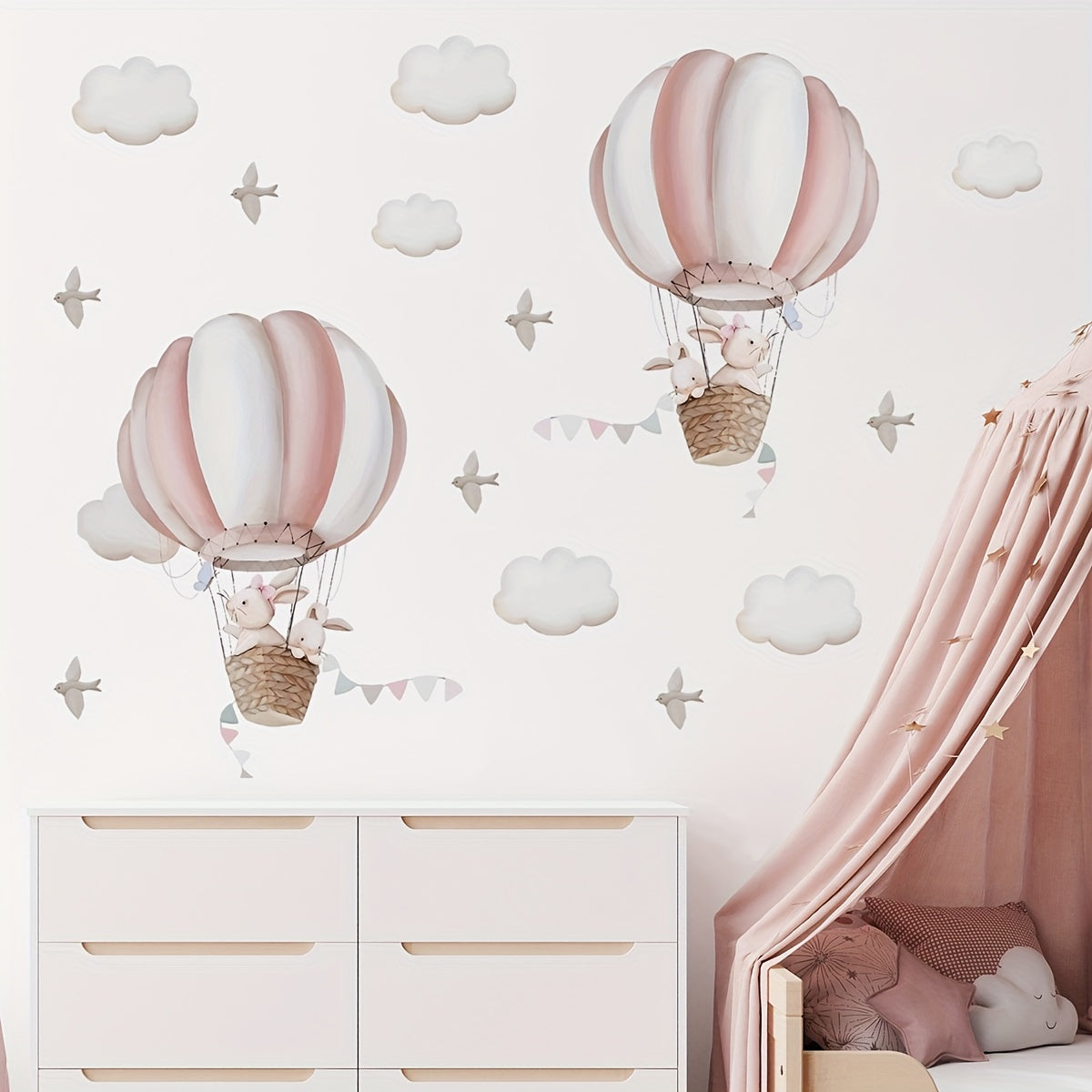 Adhesivos de pared para pequeños conejos, nubes y pájaros en globos aerostáticos, decoración para dormitorio y sala de estar