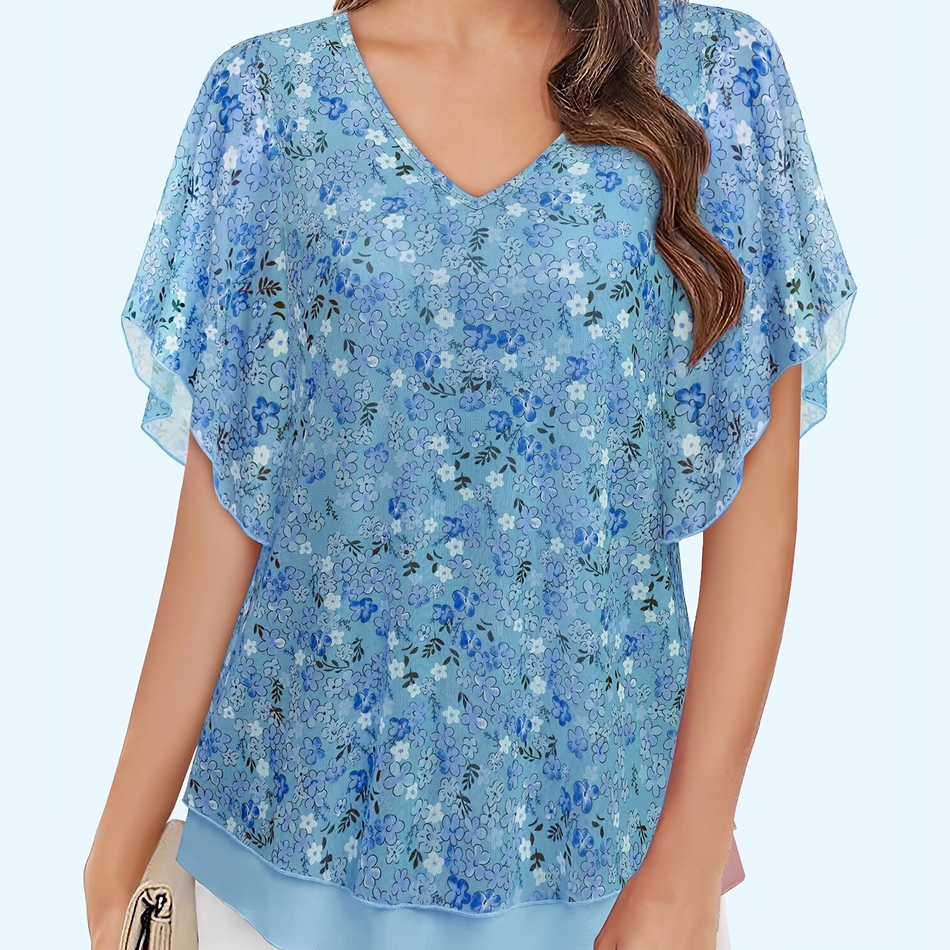Women's Mesh Blouse Short Sleeve V-Neck Floral Ruffle Summer Tunic Top