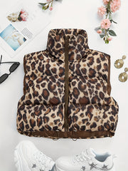 Women's Leopard Print Padded Coat High Neck Drawstring Fall Winter Outerwear
