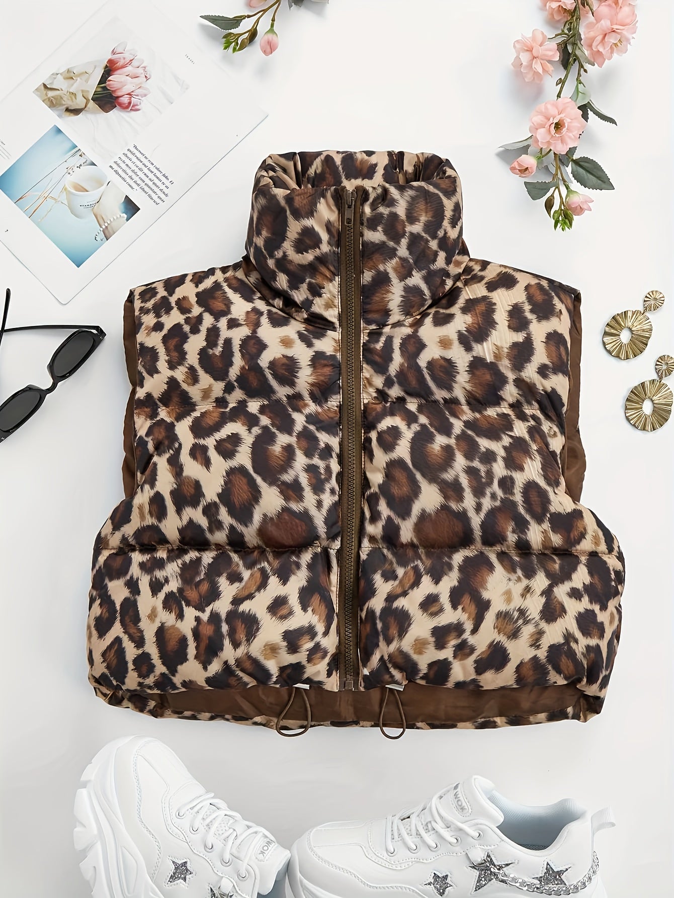 Women's Leopard Print Padded Coat High Neck Drawstring Fall Winter Outerwear