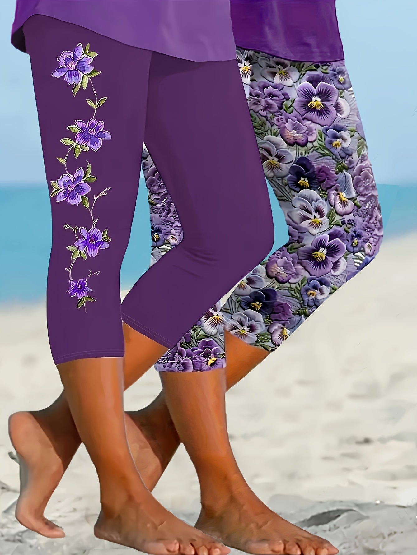 Women's Plus Size Capri Leggings 2-Pack Floral Print Stretchy Polyester Elastane