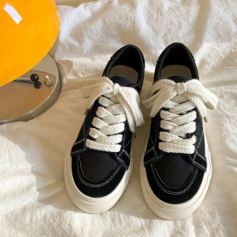 Women's Canvas Sneakers with Thick Retro Soles and Solid Color Design